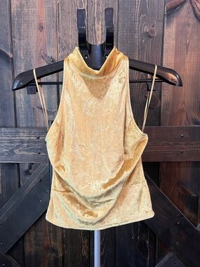Intimately Free People Crushed Velvet Halter Top S Golden Yellow Boho Cropped
